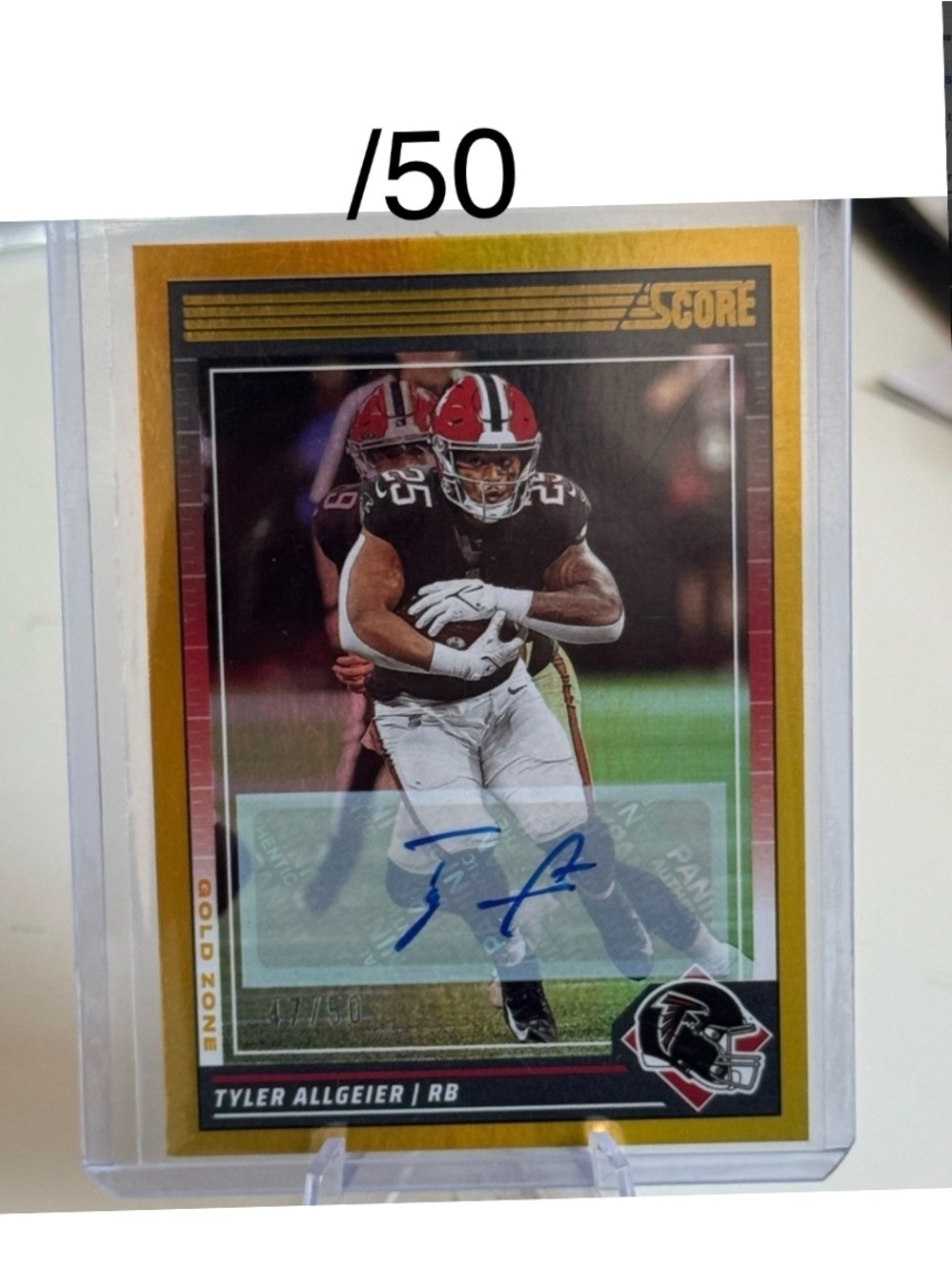 2024 Tyler Allgeier Panini Gold Score /50 Autograph. Atlanta falcons